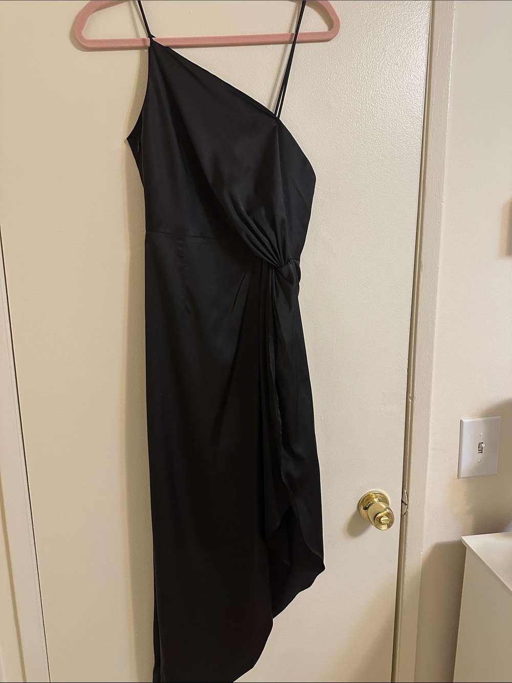 Aqua Black Satin Asymmetric Slip Dress with Side Twist